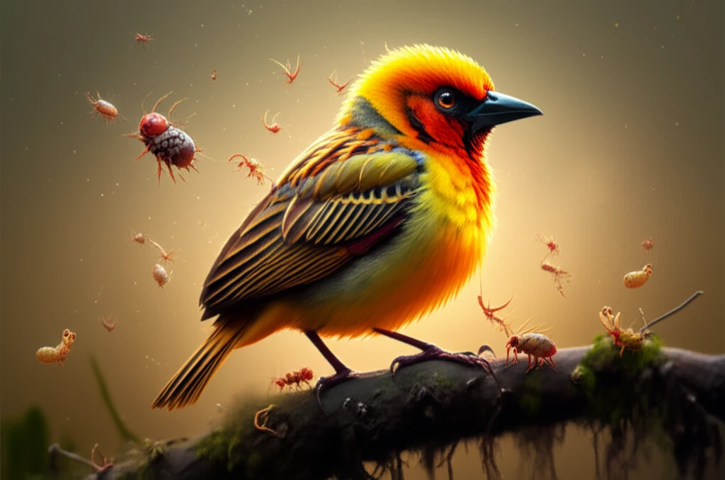 Village weaver bird surrounded by swirling parasites, illustrating the concept of avian blood parasites.