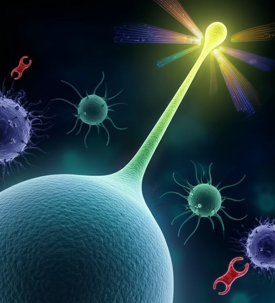 Illustration of a cell with a glowing primary cilium transmitting signals, symbolizing LKB1's role in cellular communication and disease prevention.