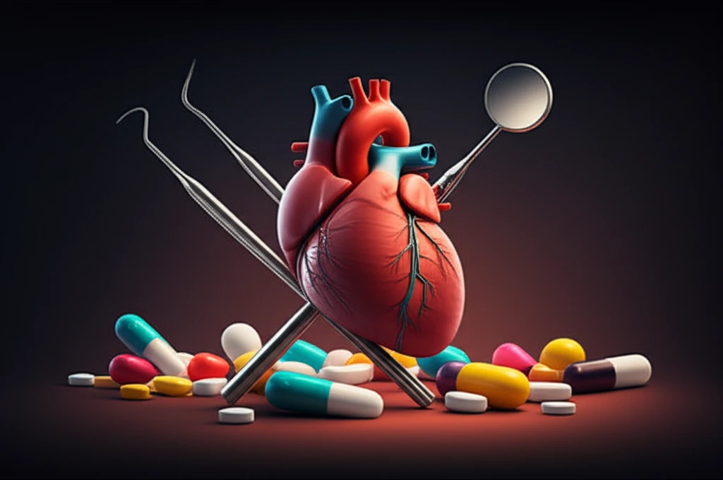 Heart intertwined with dental instruments and pills, symbolizing the balance between cardiac health and dental care.