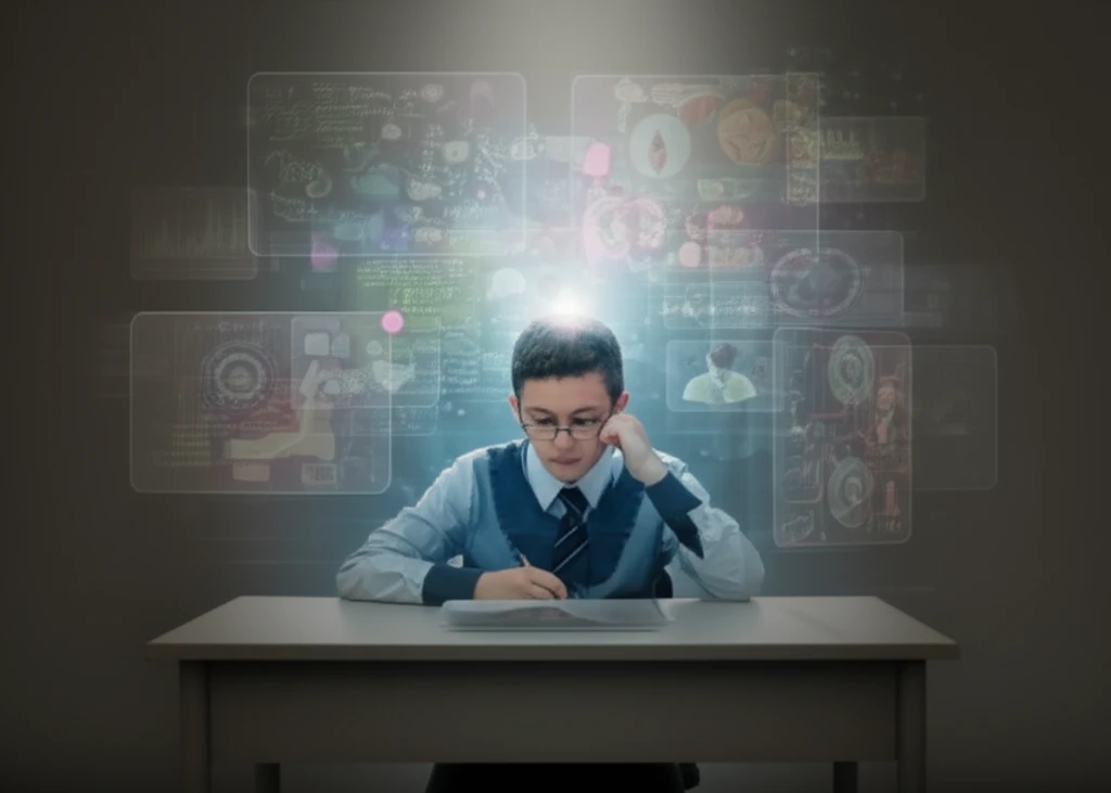 Flipped learning illustration showcasing a student surrounded by glowing screens with physiology concepts.