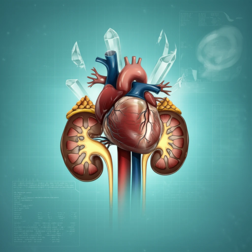 Heart and kidney intertwined with calcium crystals, representing advanced cardiac screening for transplant candidates.