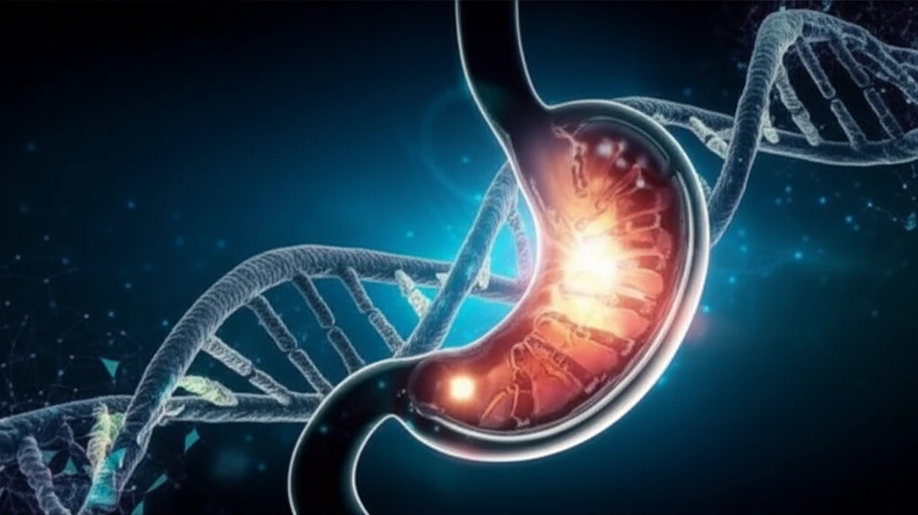 DNA strand with stomach silhouette representing gastric cancer research