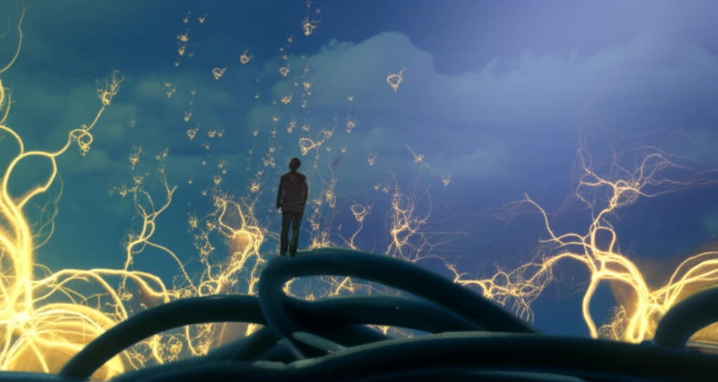 Person regaining balance with biofeedback, surreal illustration.