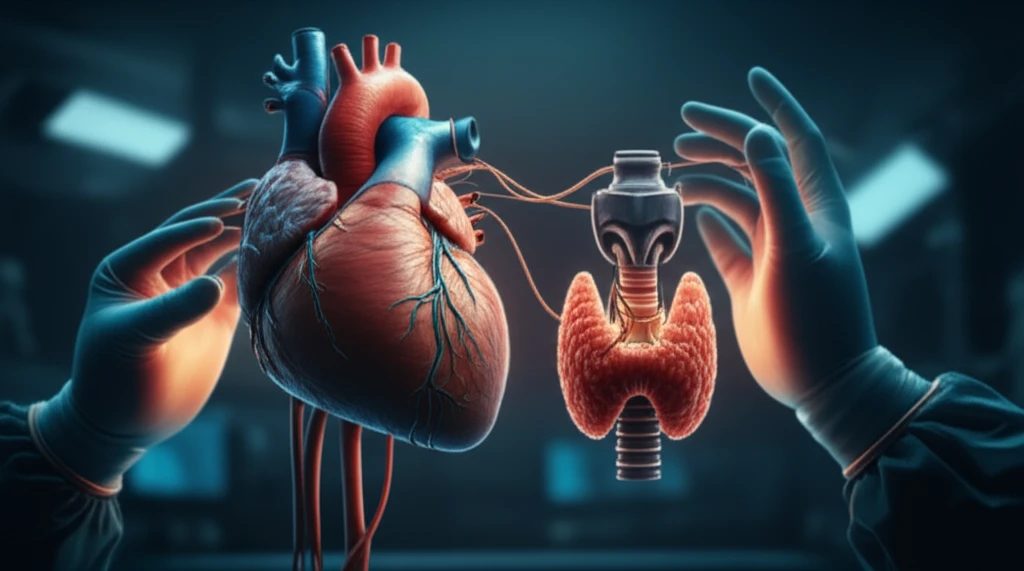 Surreal illustration of heart and thyroid connected, showing surgical balance.