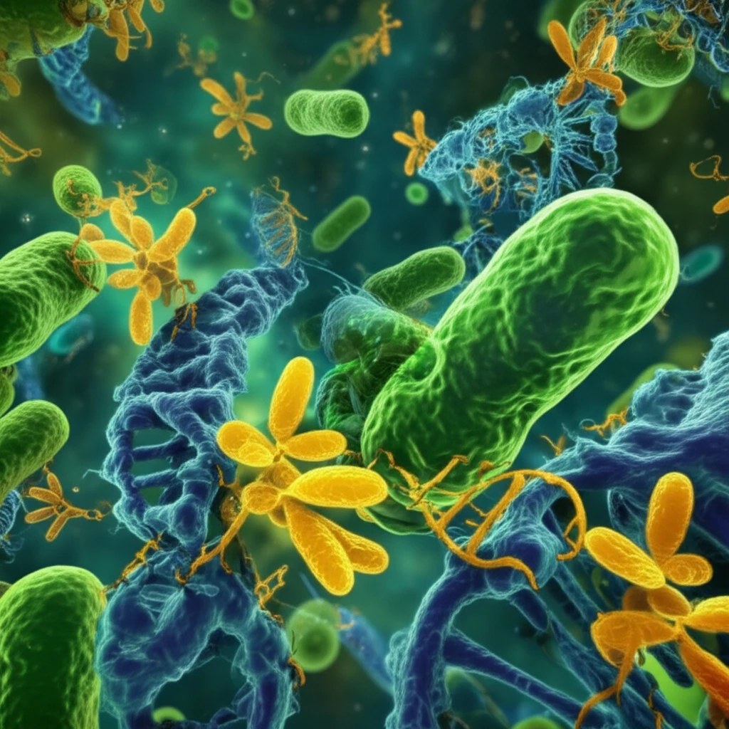 Microscopic view inside an E. coli bacterium, showcasing RNA processing by PNPase enzymes.