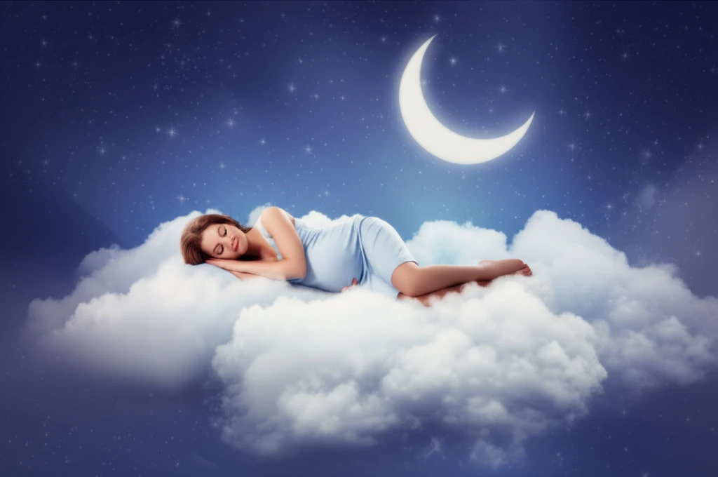 Pregnant woman sleeping peacefully on a cloud under a starry night sky.