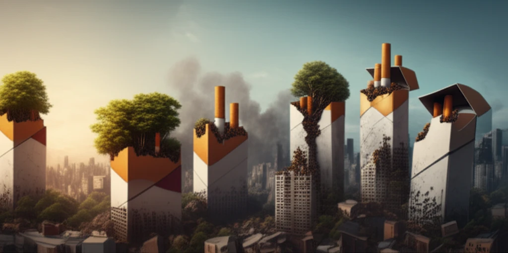 Cityscape transforming from tobacco dependence to health, featuring crumbling cigarette packs replaced with greenery.