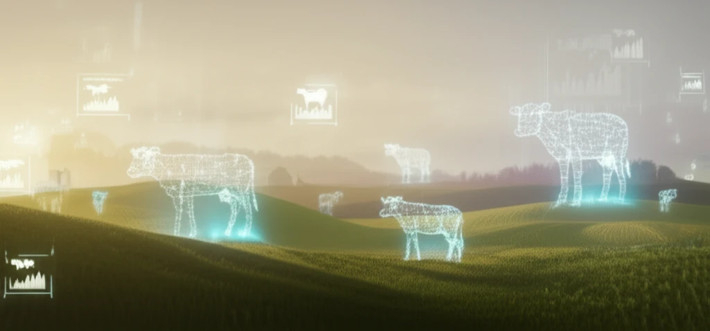 Surreal illustration of a dairy farm with data-illuminated cows, symbolizing MAP infection prevalence.