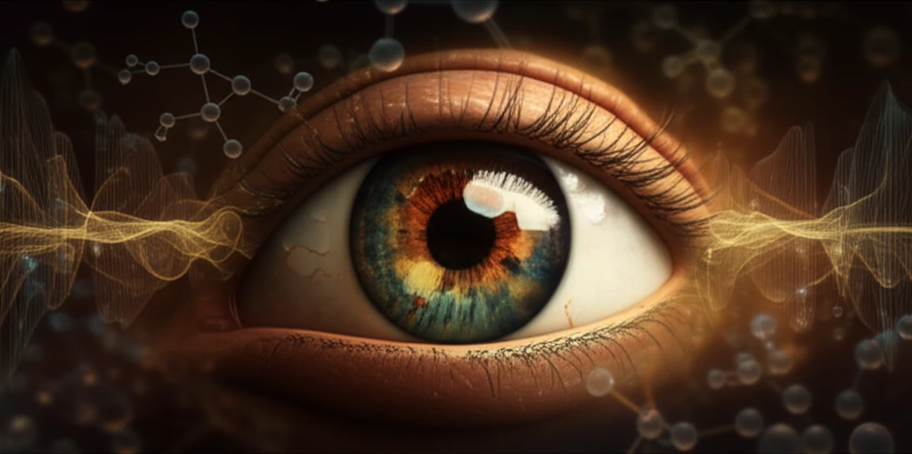 Illustration of a healthy eye with glowing blood vessels, symbolizing the protective effects of adiponectin.