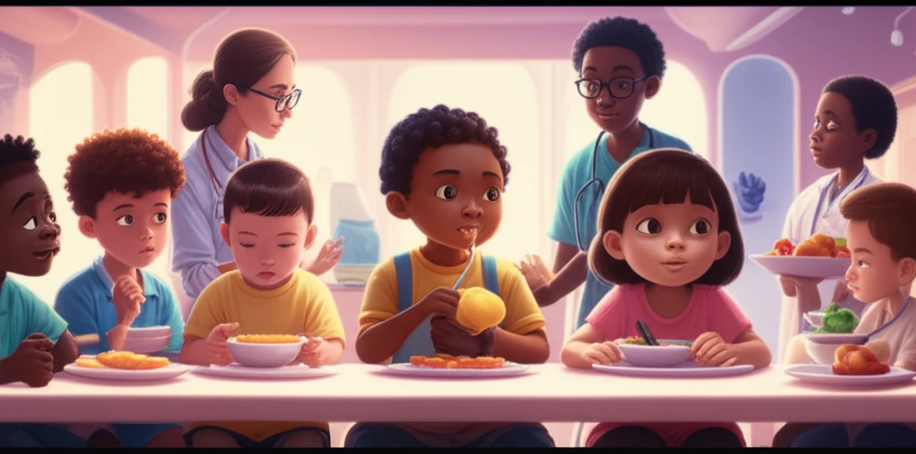 Diverse children overcoming feeding challenges with support from healthcare professionals.