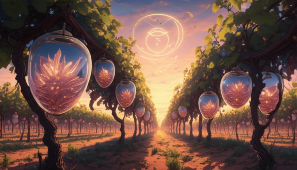 Vineyard sunset with glowing sugar-filled grapes, symbolizing wine's sweet secret.