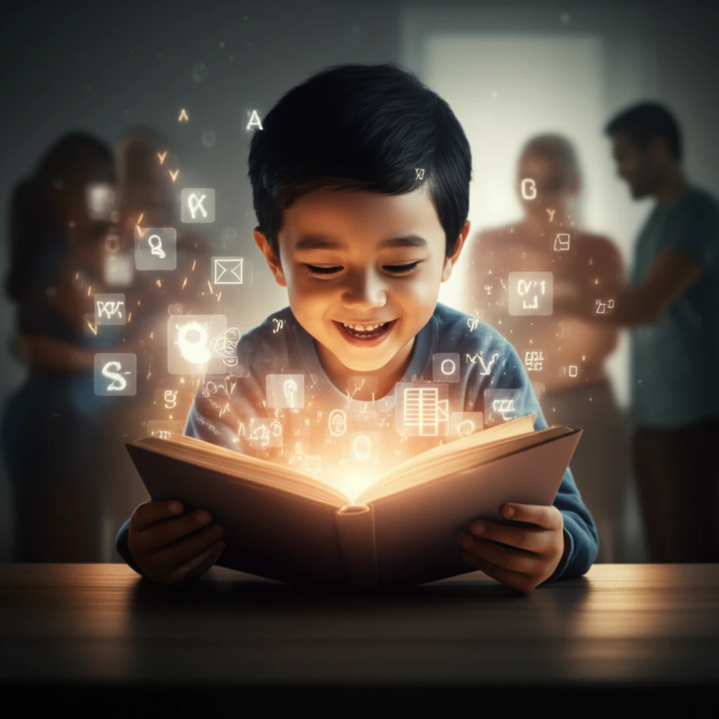 Child reading a book surrounded by letters and symbols.