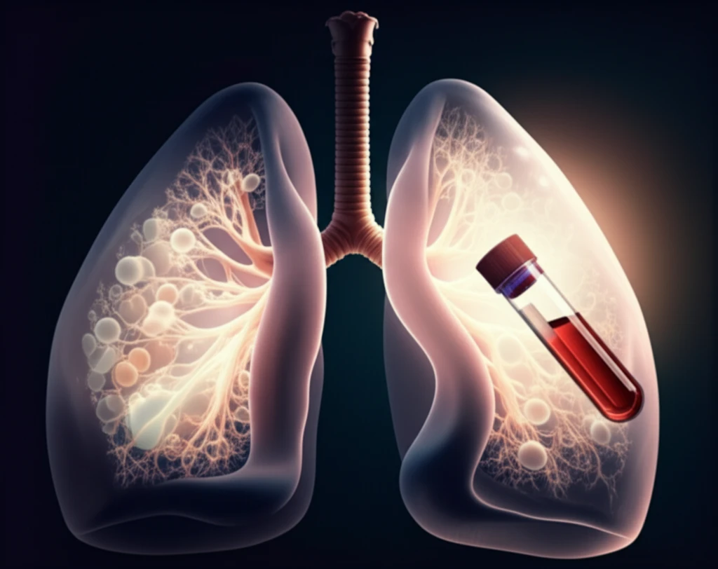 Illustration of lungs with glowing air sacs and a blood sample vial representing Pulmonary Alveolar Proteinosis diagnosis.