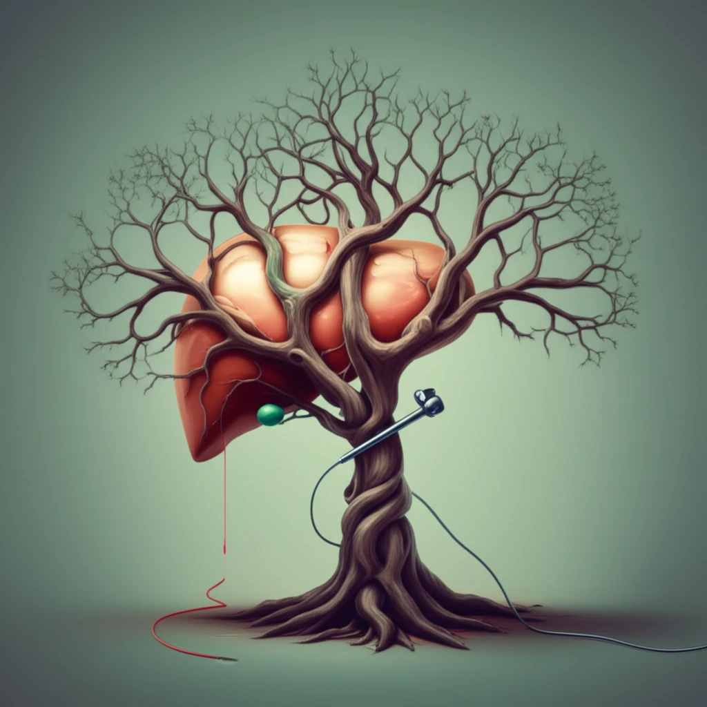 Surreal illustration of a cirrhotic liver intertwined with a tree and an endoscope, symbolizing colonoscopy risks in liver disease.