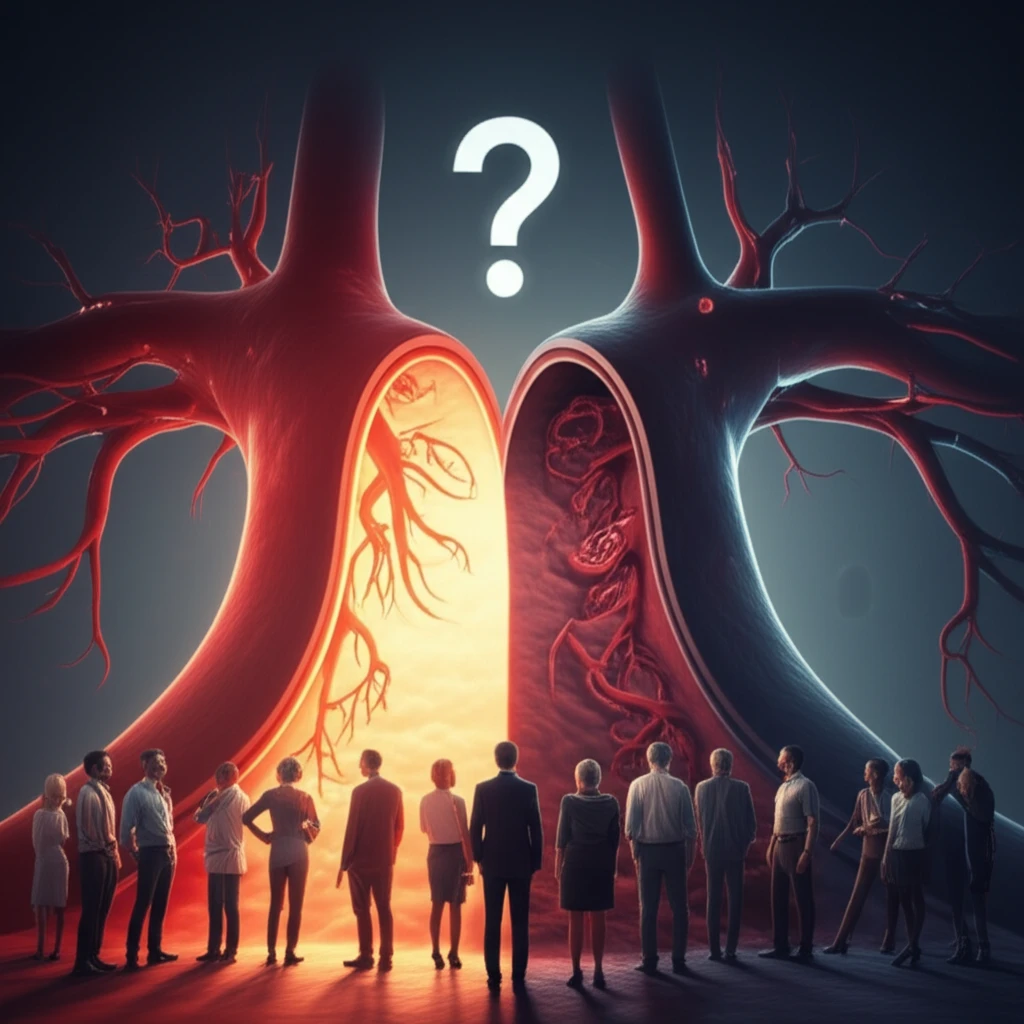 Illustration of a diverse group of people near a branching blood vessel, symbolizing heart health and the uncertainties of radial artery occlusion risks across ethnicities.