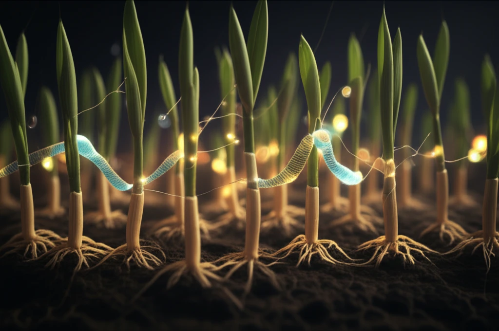 Microscopic view of wheat seedlings protected by glowing RNA strands against fungal pathogens.