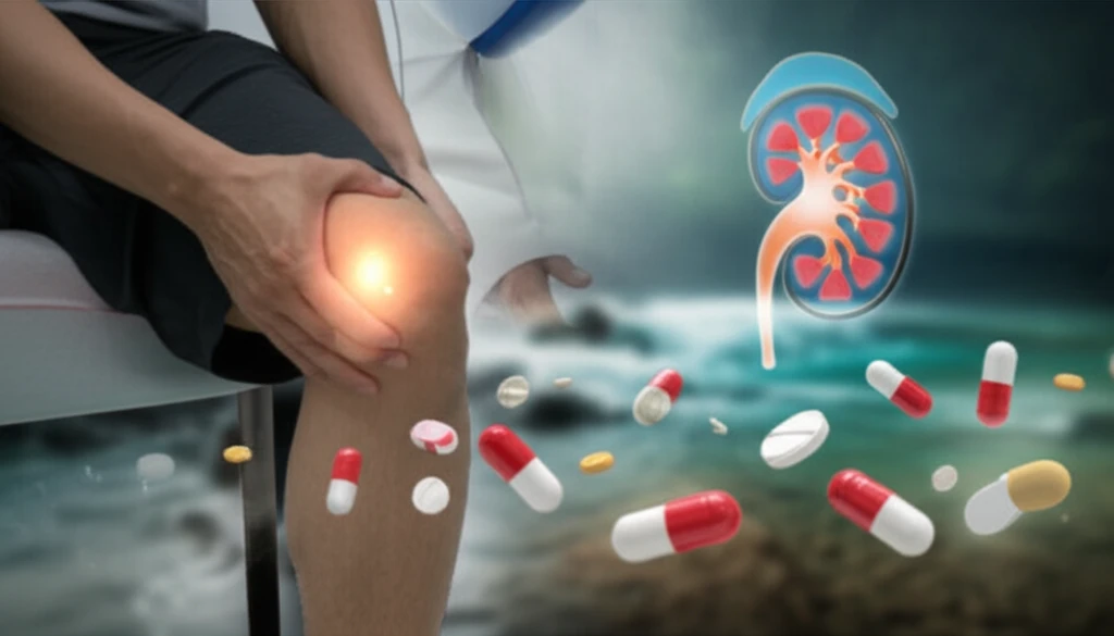 Illustration of gout treatment with balanced medication and kidney health.