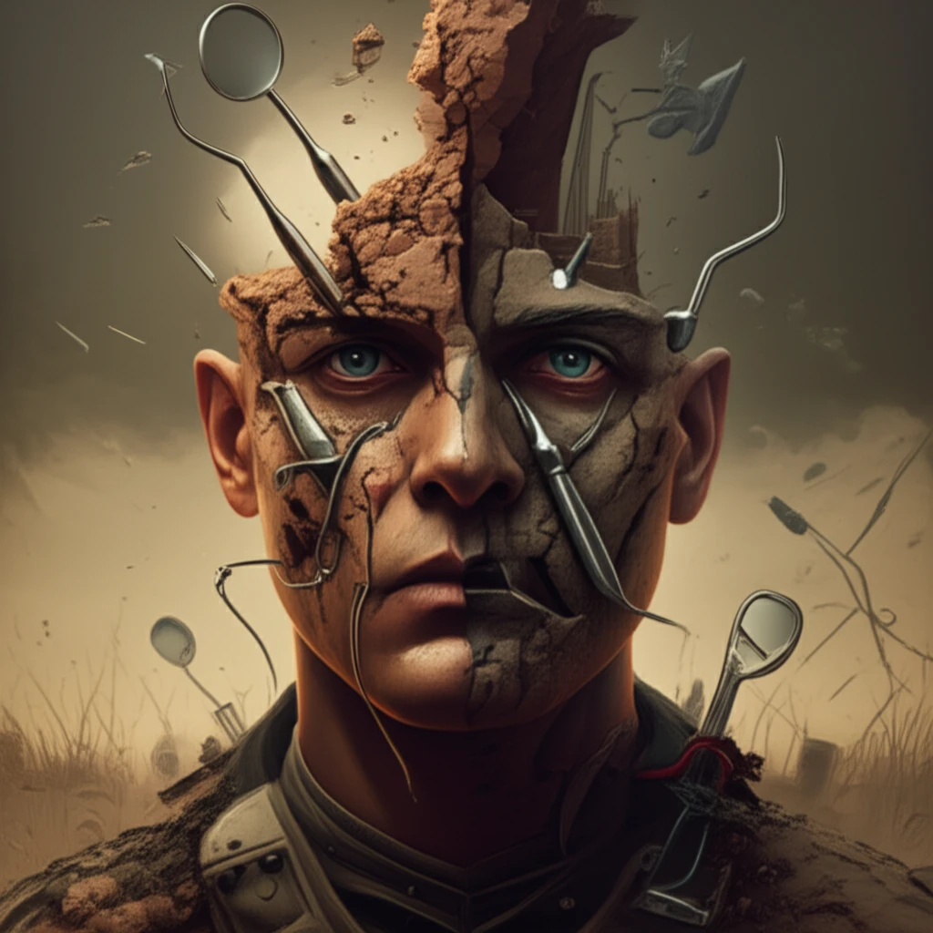 Surreal image of a soldier's face merged with a battlefield, symbolizing military oral-maxillofacial injuries.
