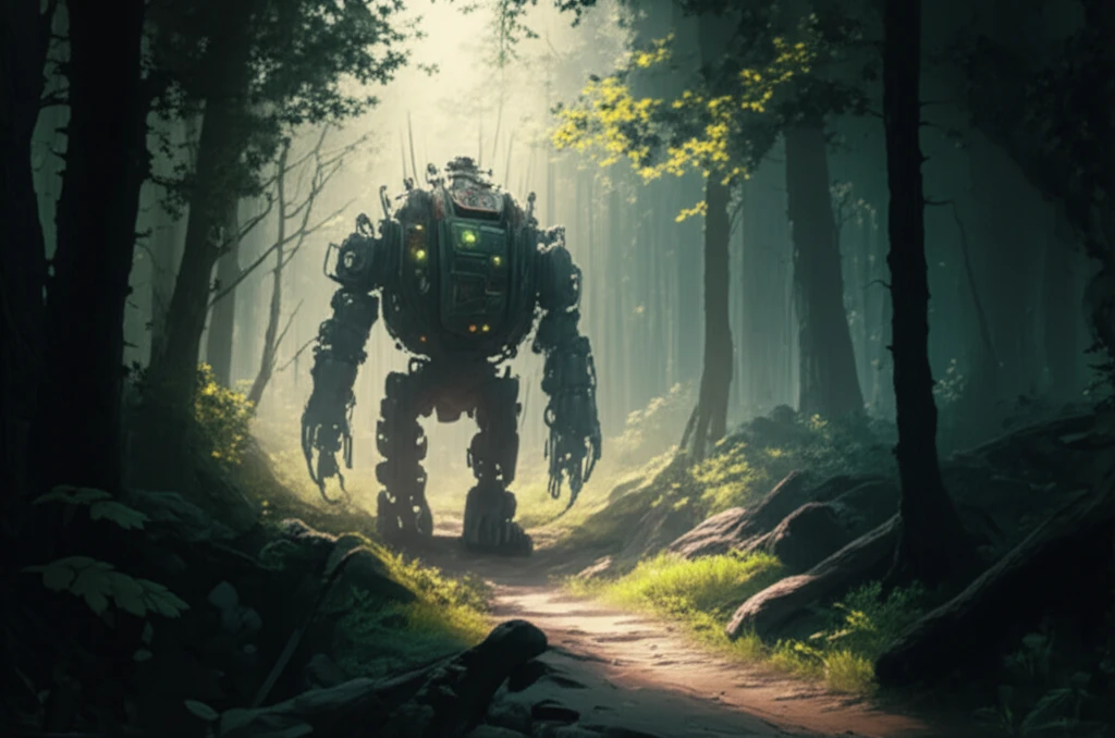 Futuristic robot navigating a dense forest trail
