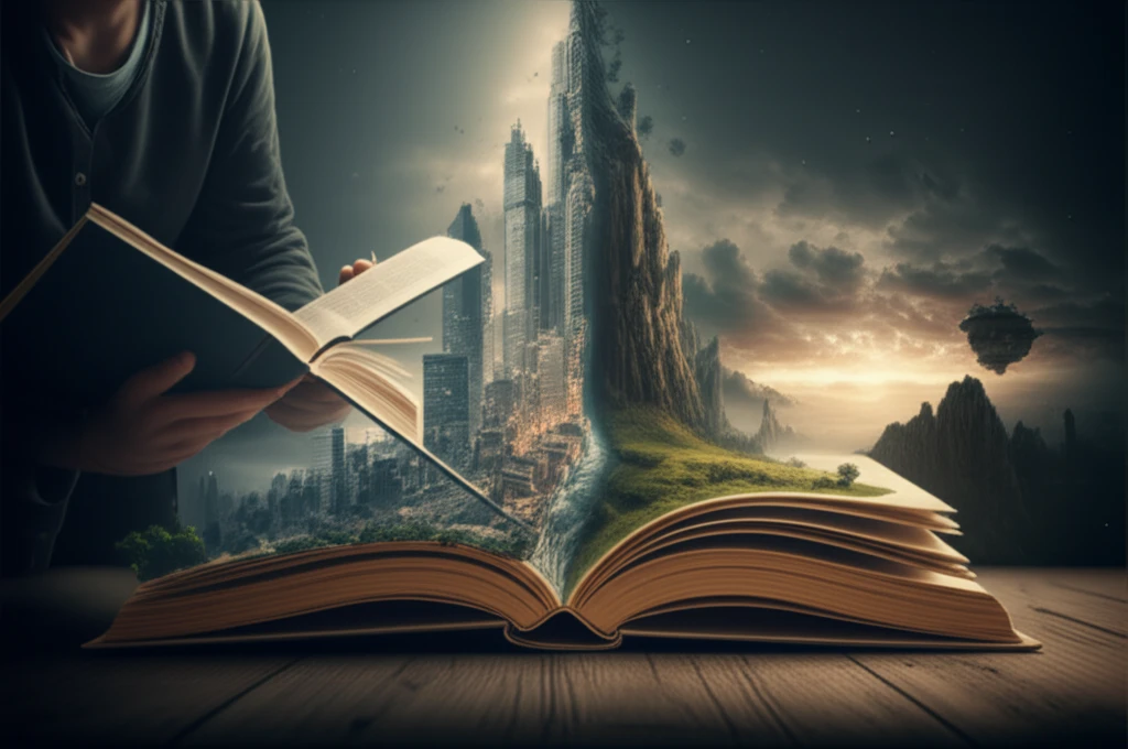 Surreal illustration of a book transforming into cityscapes, representing the power of novels.