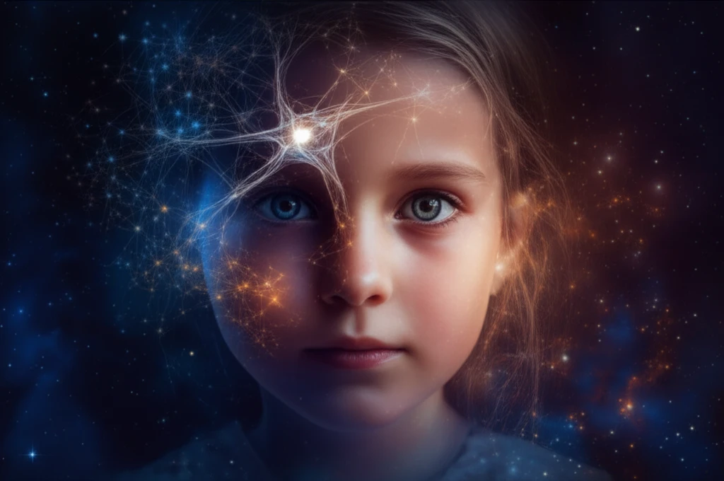 Surreal illustration of a child's face with a neural network formed by stars, symbolizing neuroblastoma research.
