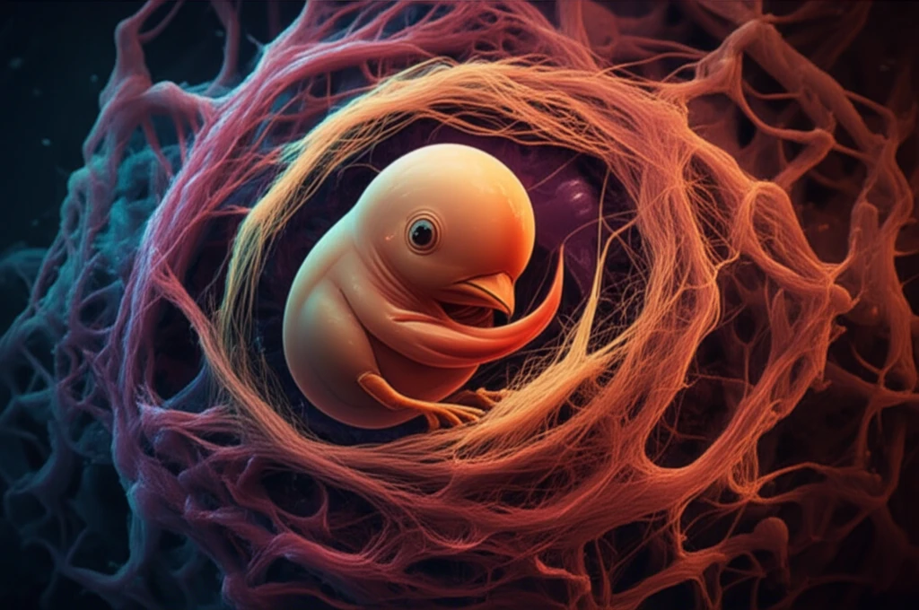 Chick embryo cells intertwined with muscle fibers, symbolizing muscle dystrophy research.
