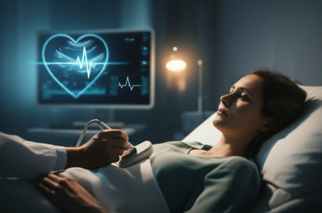 Doctor using portable Doppler ultrasound on patient at bedside.