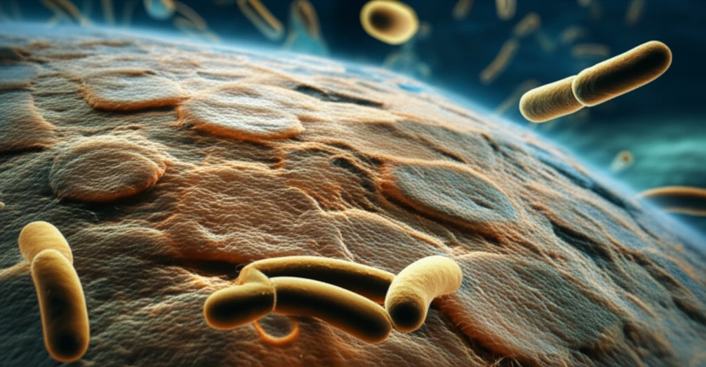 Microscopic view of Bacillus biofilm on a water filtration membrane.