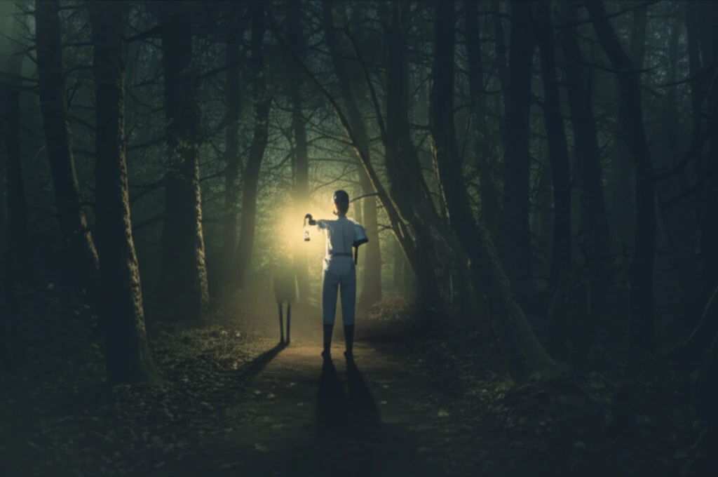 A nurse holding a lantern in a dark forest, symbolizing ethical guidance.