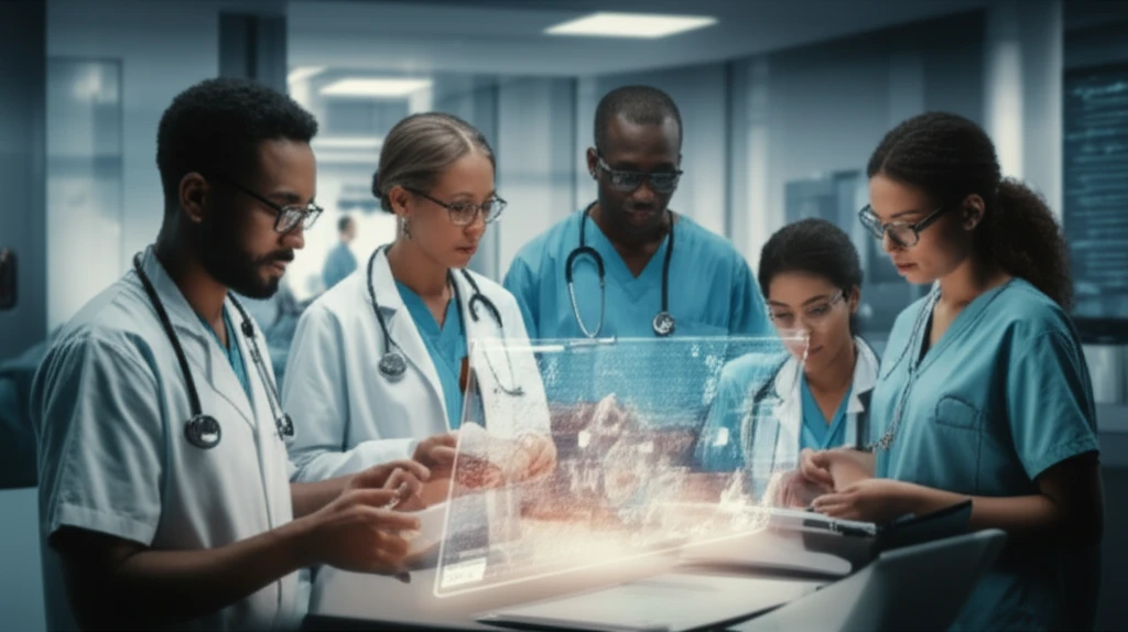 Healthcare team analyzing patient data for quality improvement in radiation oncology