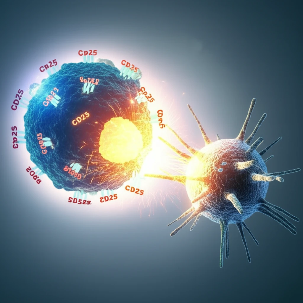 Natural Killer Cell with Glowing CD25 Receptors Attacking Cancer Cell