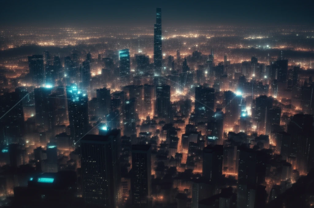 Interconnected glowing nodes forming a resilient network across a cityscape, symbolizing holonic emergency systems leadership.