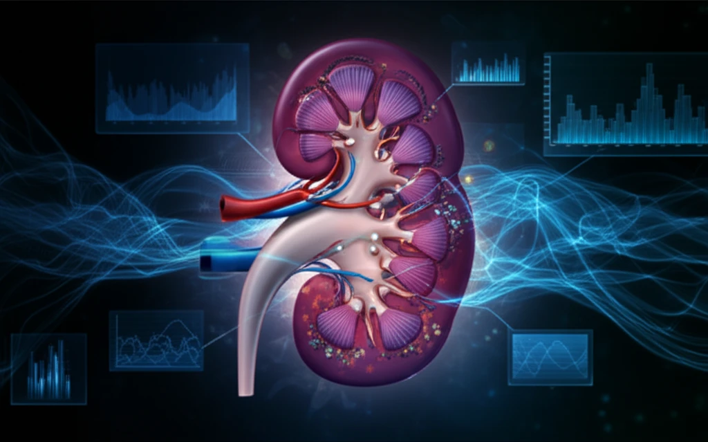 Stylized kidney intertwined with data streams and charts, symbolizing data analysis for kidney health.