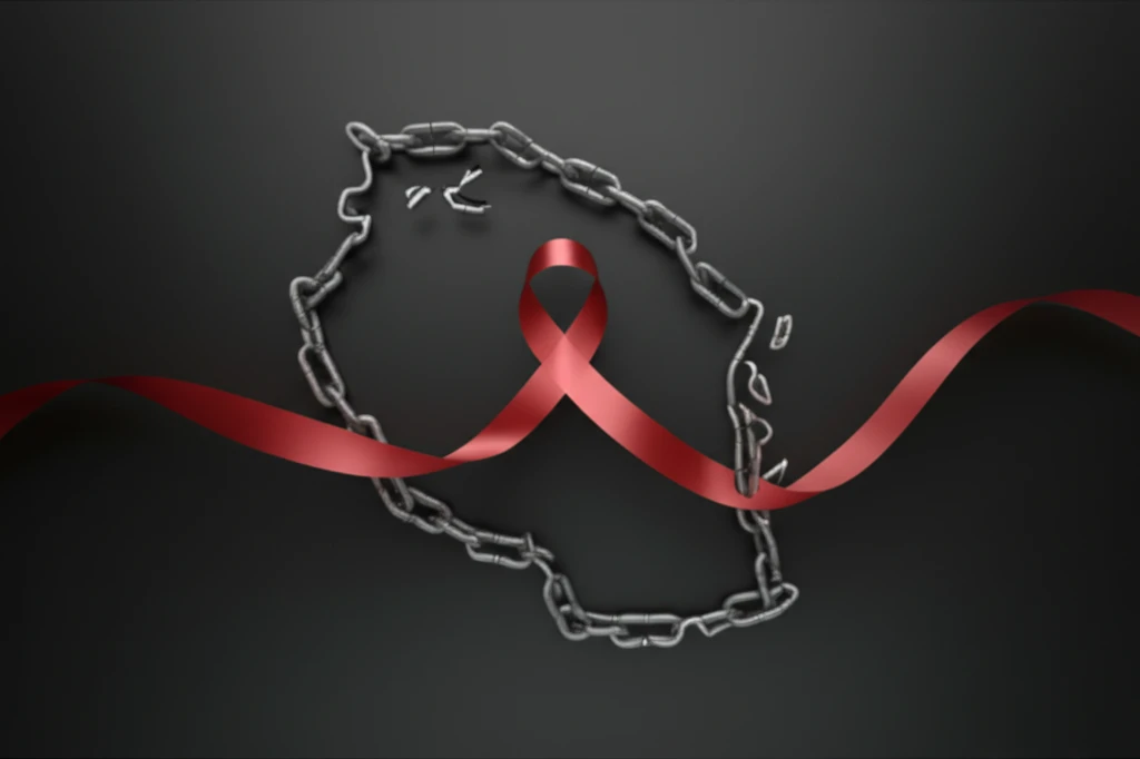 Chains forming Tanzania silhouette, symbolizing fight against human trafficking with red ribbon for HIV/AIDS awareness.