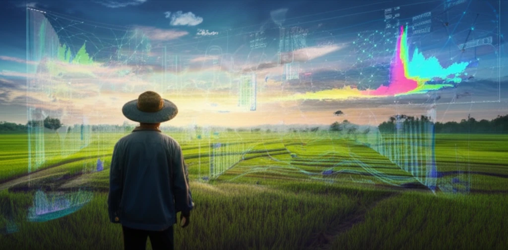 Rice paddies with data visualizations, representing climate-smart farming.