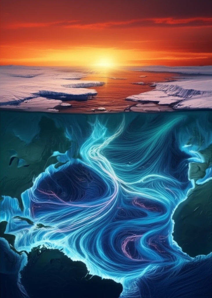 Surreal illustration of North Atlantic ocean currents and Arctic sea ice depicting climate change.