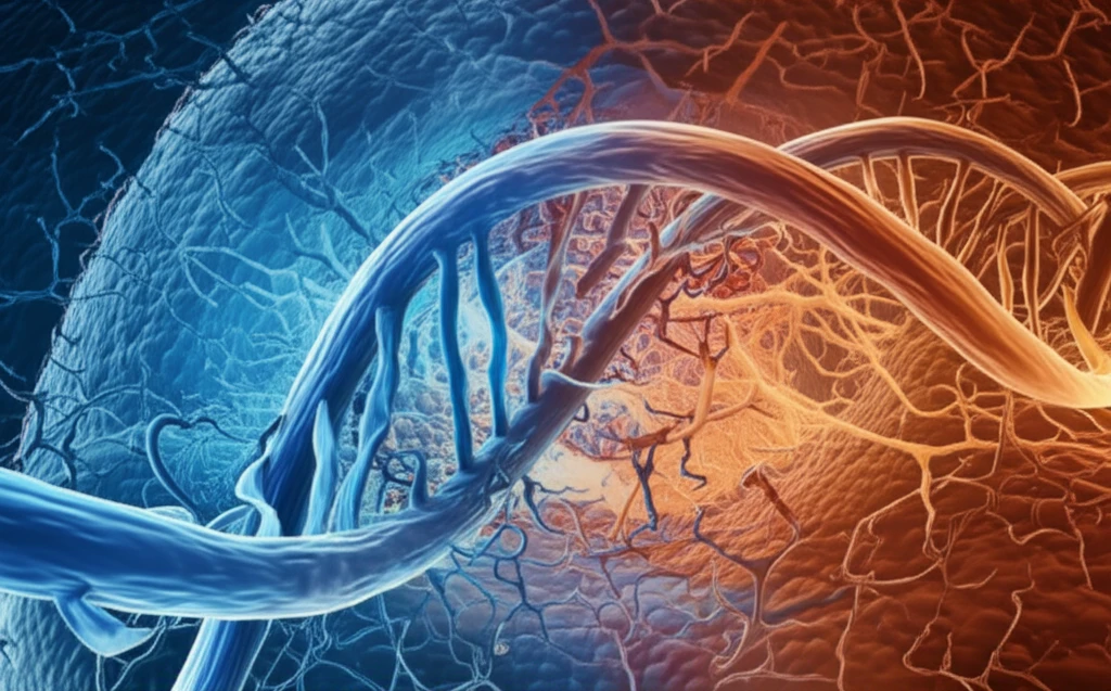Illustration of muscle fiber with DNA and endoplasmic reticulum, showing redox imbalance.