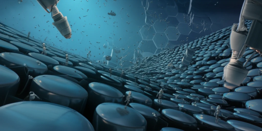 Microscopic landscape with tiny robots repairing a surface, symbolizing nanoscale wear measurement.