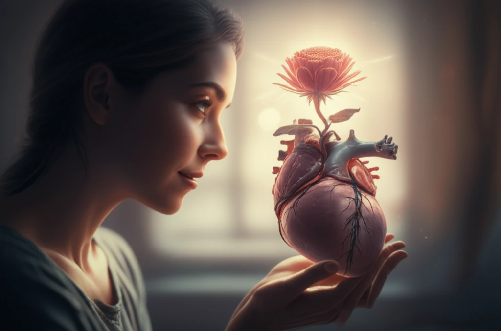 Blooming flower growing out of a heart, symbolizing new life and hope after a heart transplant.