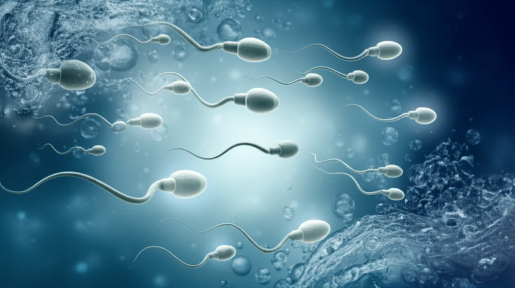 Microscopic sperm cells against a water molecule backdrop, symbolizing fluoride and fertility research.
