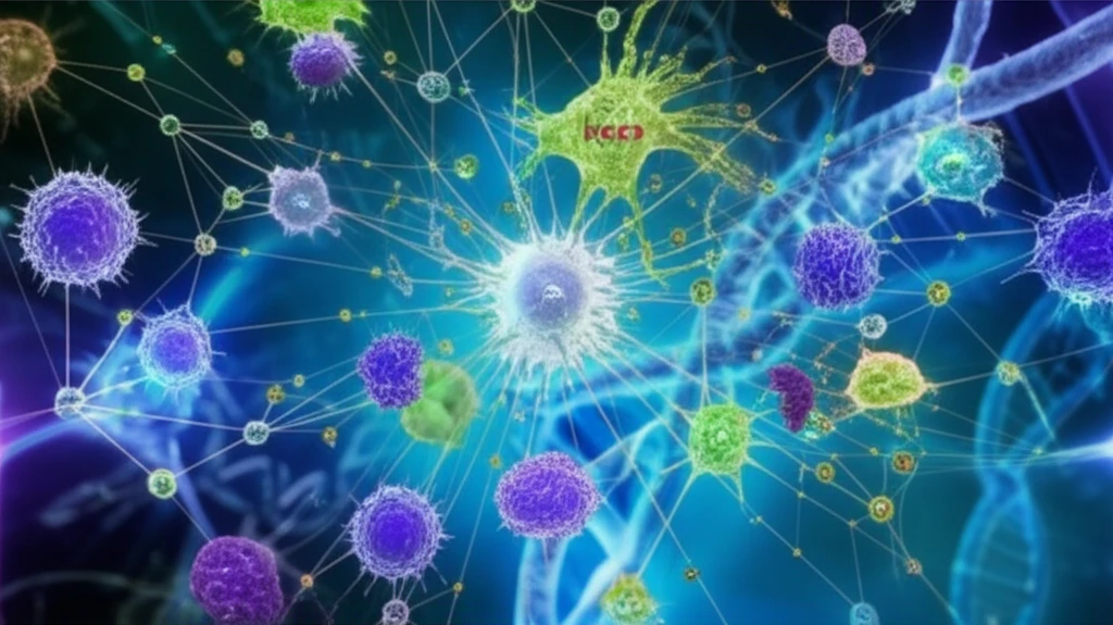 Illustration of Ikaros as a central node in a network of proteins and immune cells.