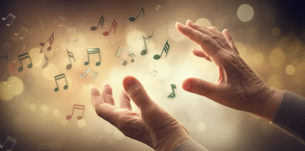 Elderly hands reaching for musical notes, symbolizing music therapy for dementia.