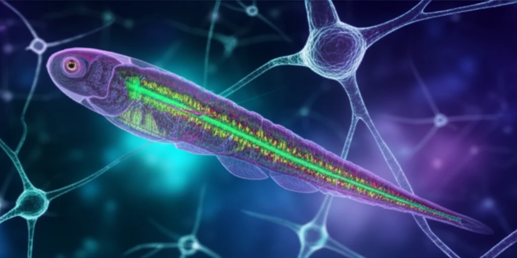 Amphioxus with glowing protein structures, interconnected immunological synapses