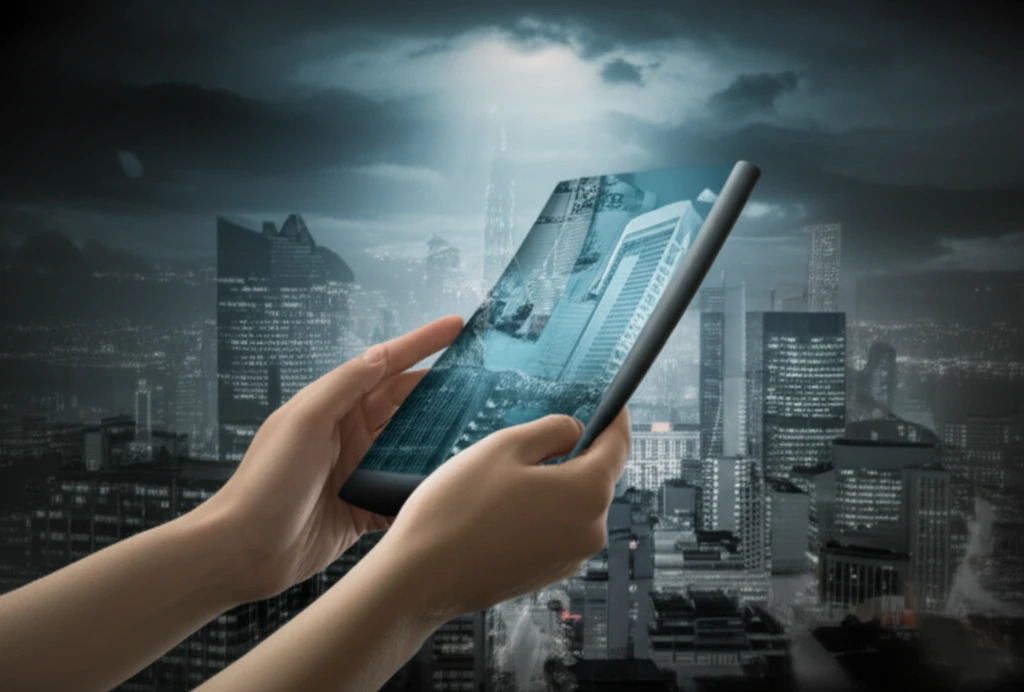 Hands comfortably gripping a rollable display with a futuristic city skyline.