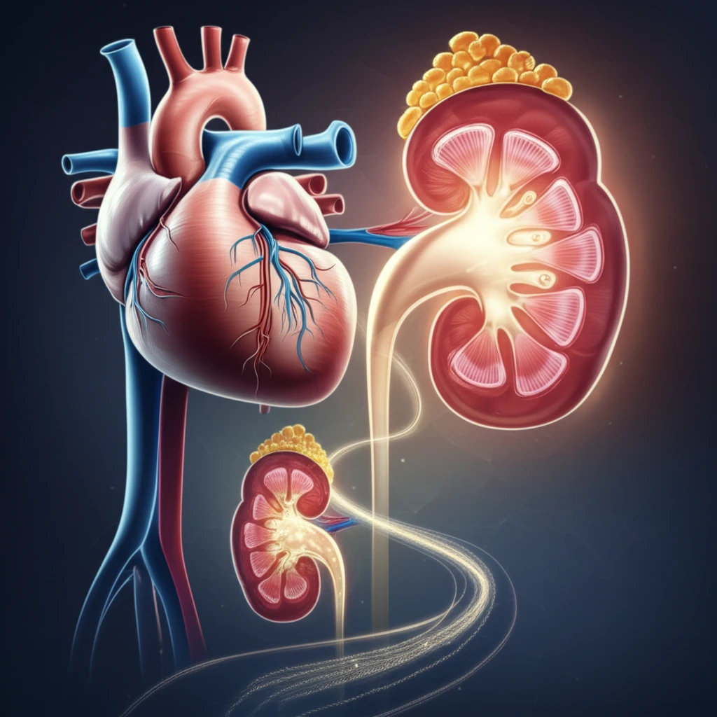 Stylized heart and kidney connected by a path, symbolizing LVAD support and the importance of balance.