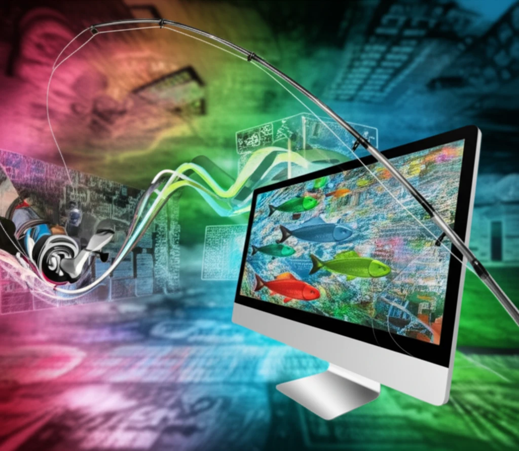 Digital illustration of a fishing rod casting into a computer screen filled with fish, symbolizing online fish consumption survey.