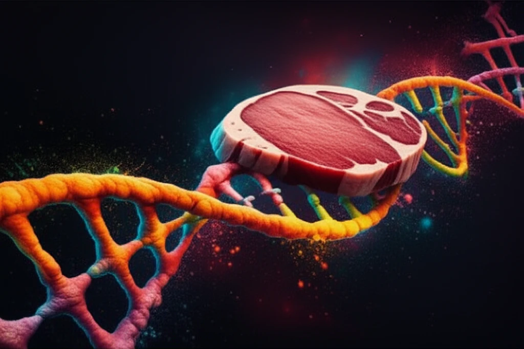 DNA strand intertwining with marbled steak representing genetic influence on meat quality.