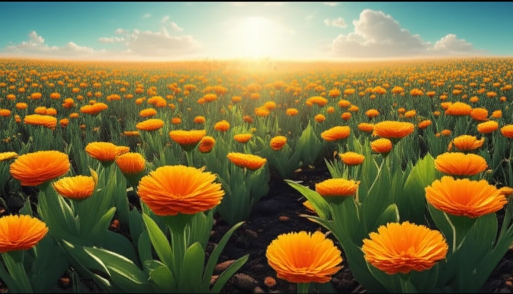 Calendula flowers growing in a Bahia grass field with organic fertilizer.