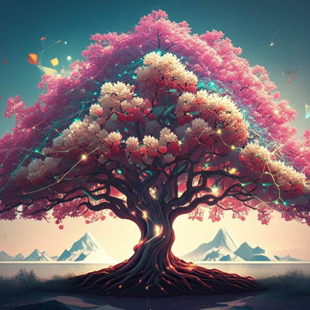 Surreal illustration of a litchi tree symbolizing resilience in the face of climate change, with interconnected gene networks representing scientific discovery.