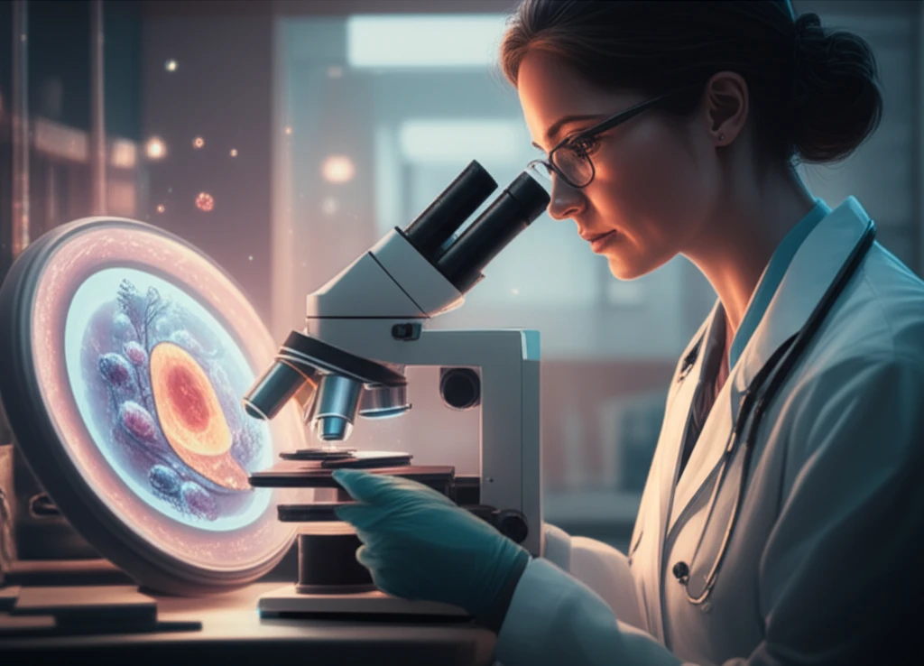 Microscopic view of cancerous cells being analyzed by a veterinarian, symbolizing hope and discovery in canine cancer research.